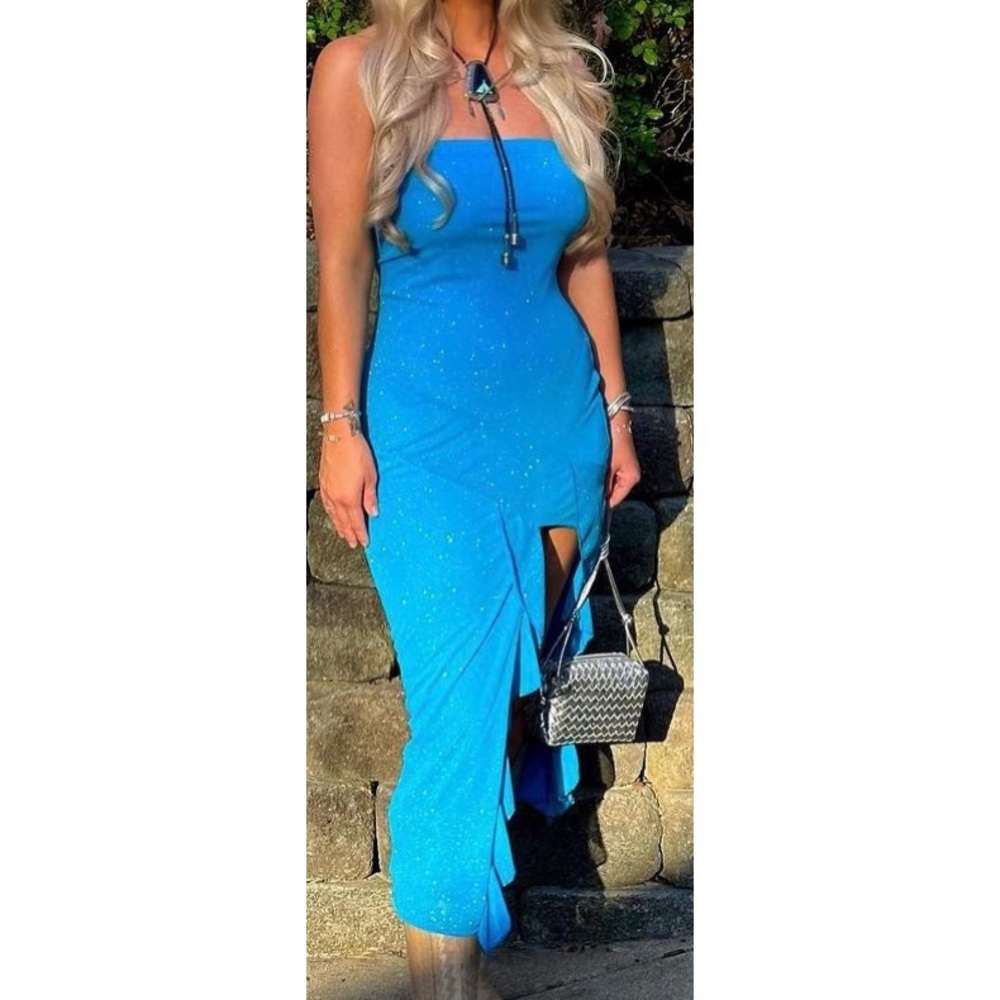 Blue Ruffle Strapless Sparkly Dress